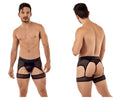 Black candy man 99403 striped mesh gaterbelt thongs with sheer fabric and supportive leg straps front view