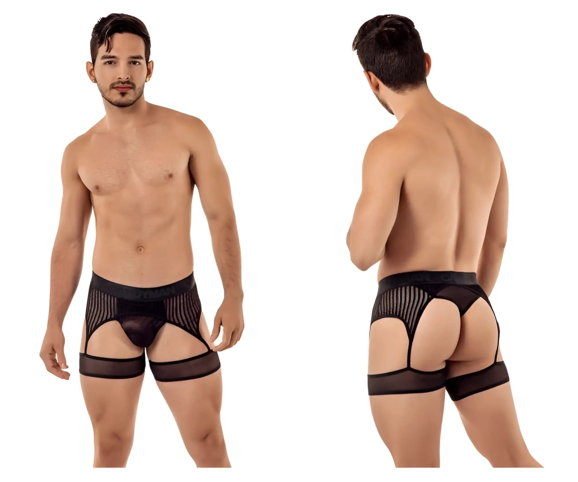 Black candy man 99403 striped mesh gaterbelt thongs with sheer fabric and supportive leg straps front view