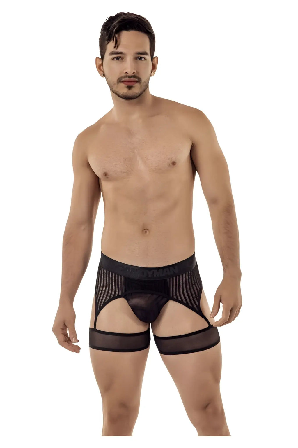 Black mesh CandyMan 99403 stripes garterbelt thongs with sheer striped panels and adjustable leg straps