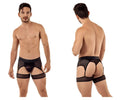 Black candy man 99403 striped mesh gaterbelt thongs with sheer fabric and supportive leg straps front view