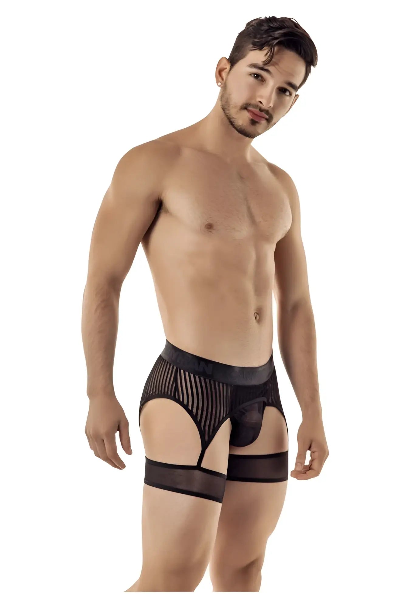 Black sheer mesh briefs with solid waistband and leg straps candy man 99403 stripes garterbelt thongs black