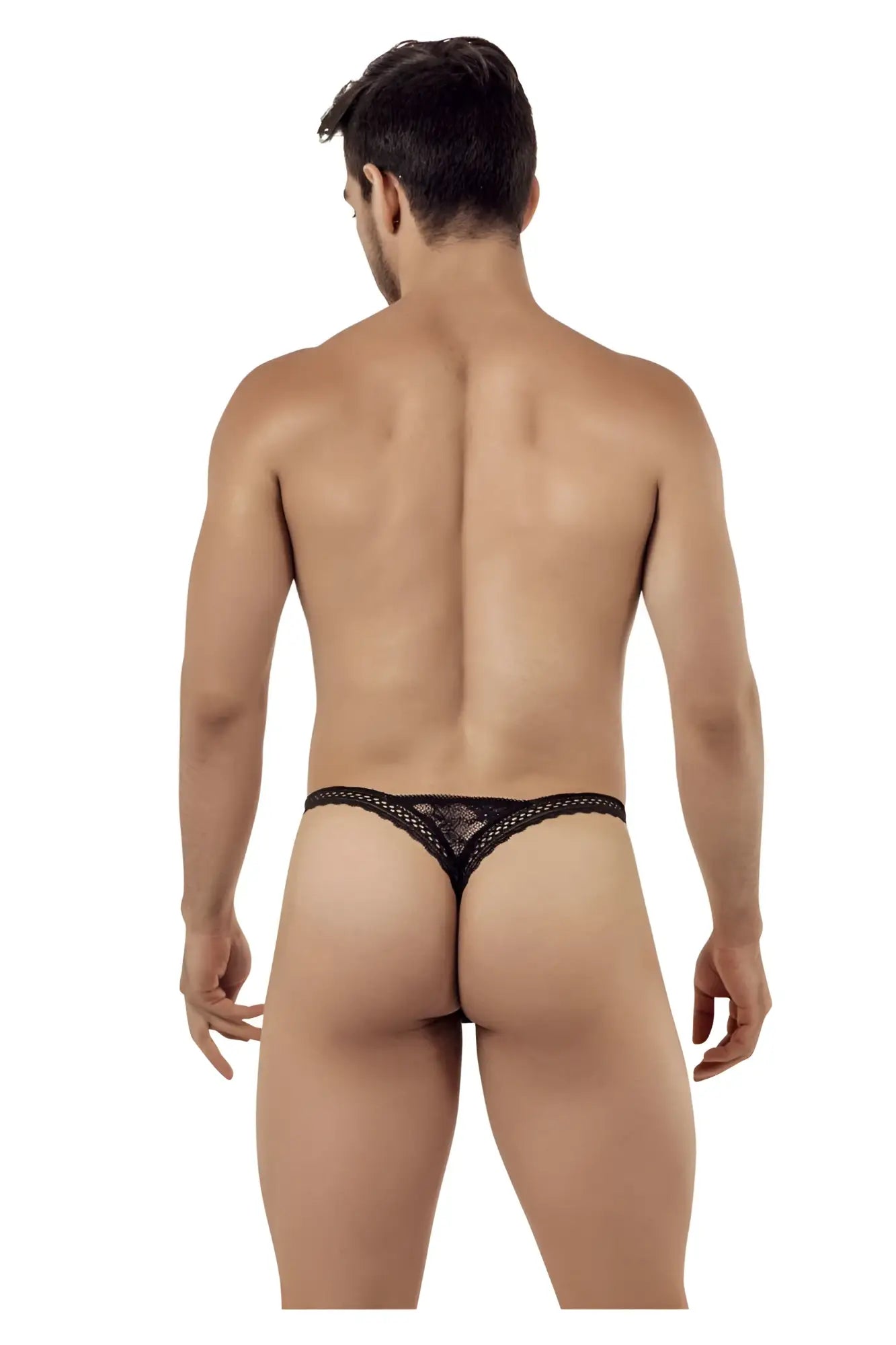 Black candyMan 99420 double lace thong with delicate intricate mesh pattern showing front side details