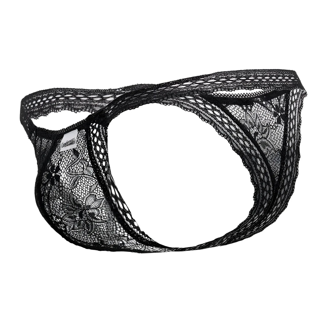 Black lace thong with floral pattern and sheer mesh design from CandyMan 99420 in black color