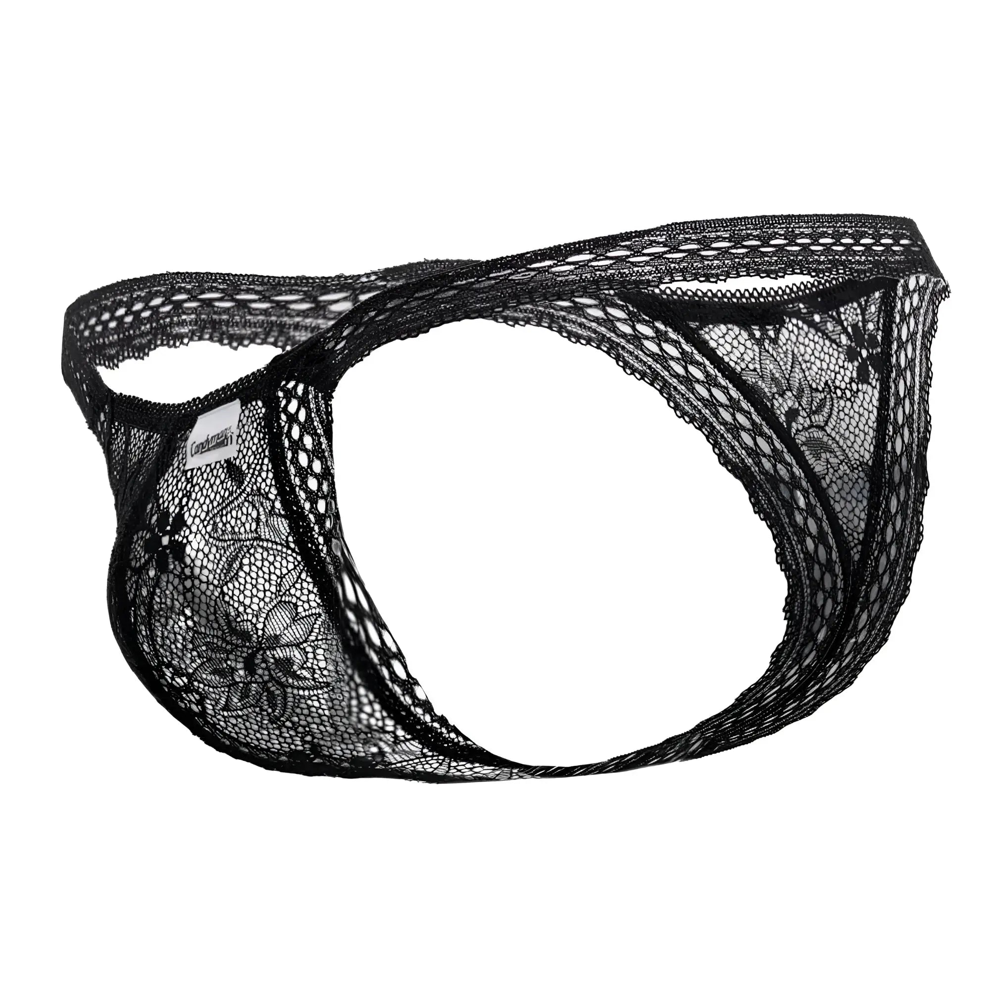 Black lace thong with floral pattern and sheer mesh design from CandyMan 99420 in black color