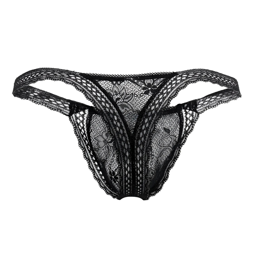 Black candyMan 99420 double lace thong with intricate floral patterns and sheer mesh texture