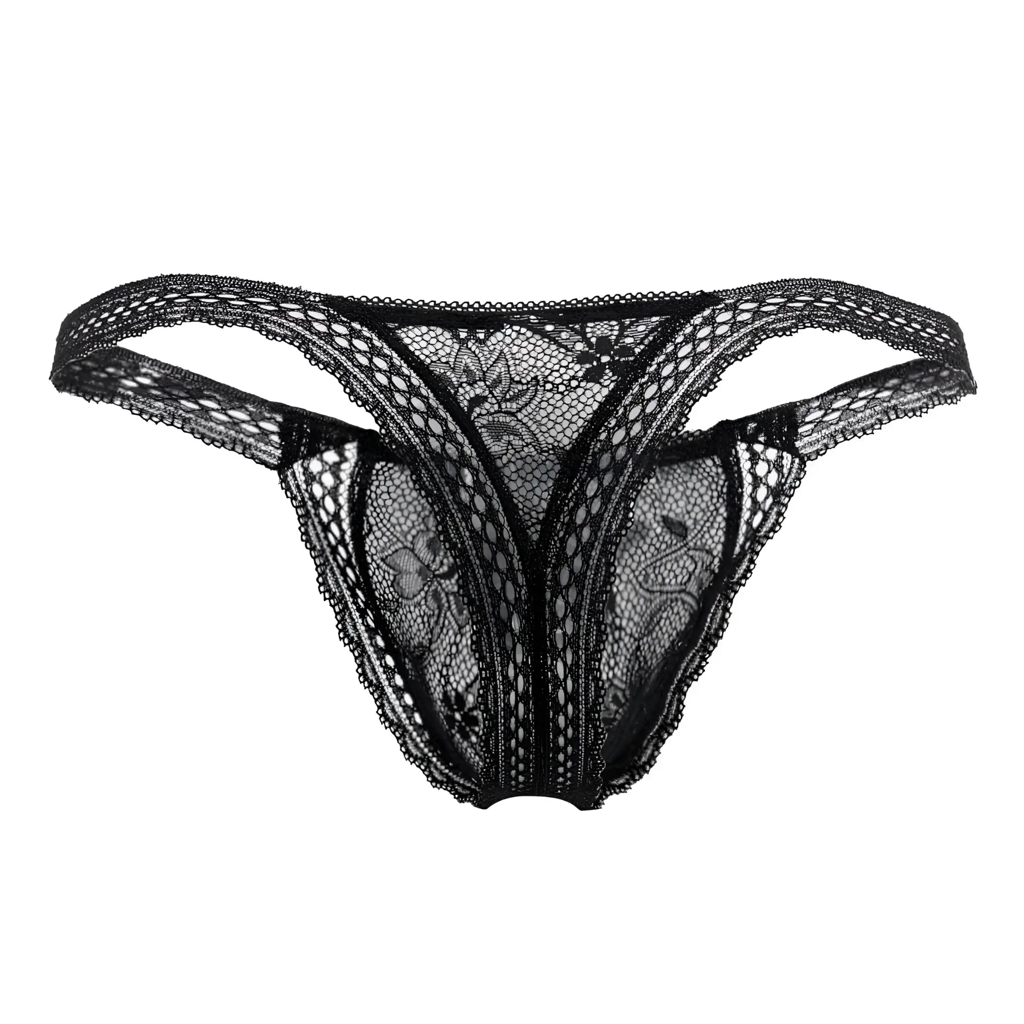 Black candyMan 99420 double lace thong with intricate floral patterns and sheer mesh texture