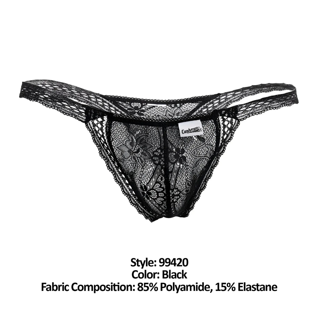 Black lace thong CandyMan 99420 double lace thongs with intricate floral patterns and delicate sheer design in black