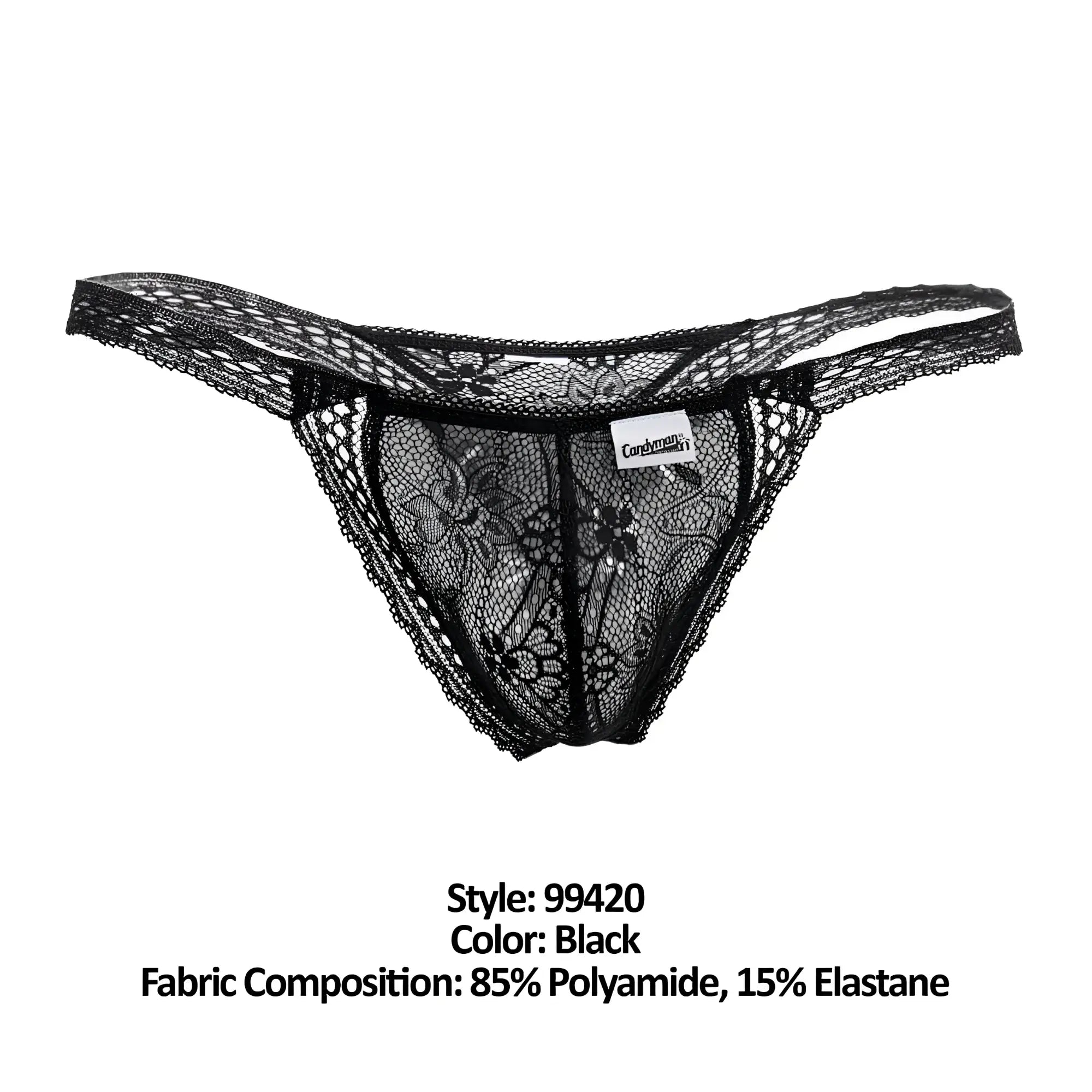 Black lace thong CandyMan 99420 double lace thongs with intricate floral patterns and delicate sheer design in black