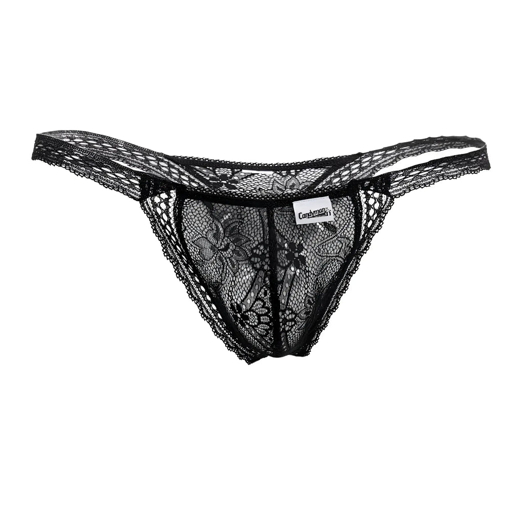 Black candyMan 99420 double lace thong featuring intricate floral patterns and a delicate sheer design