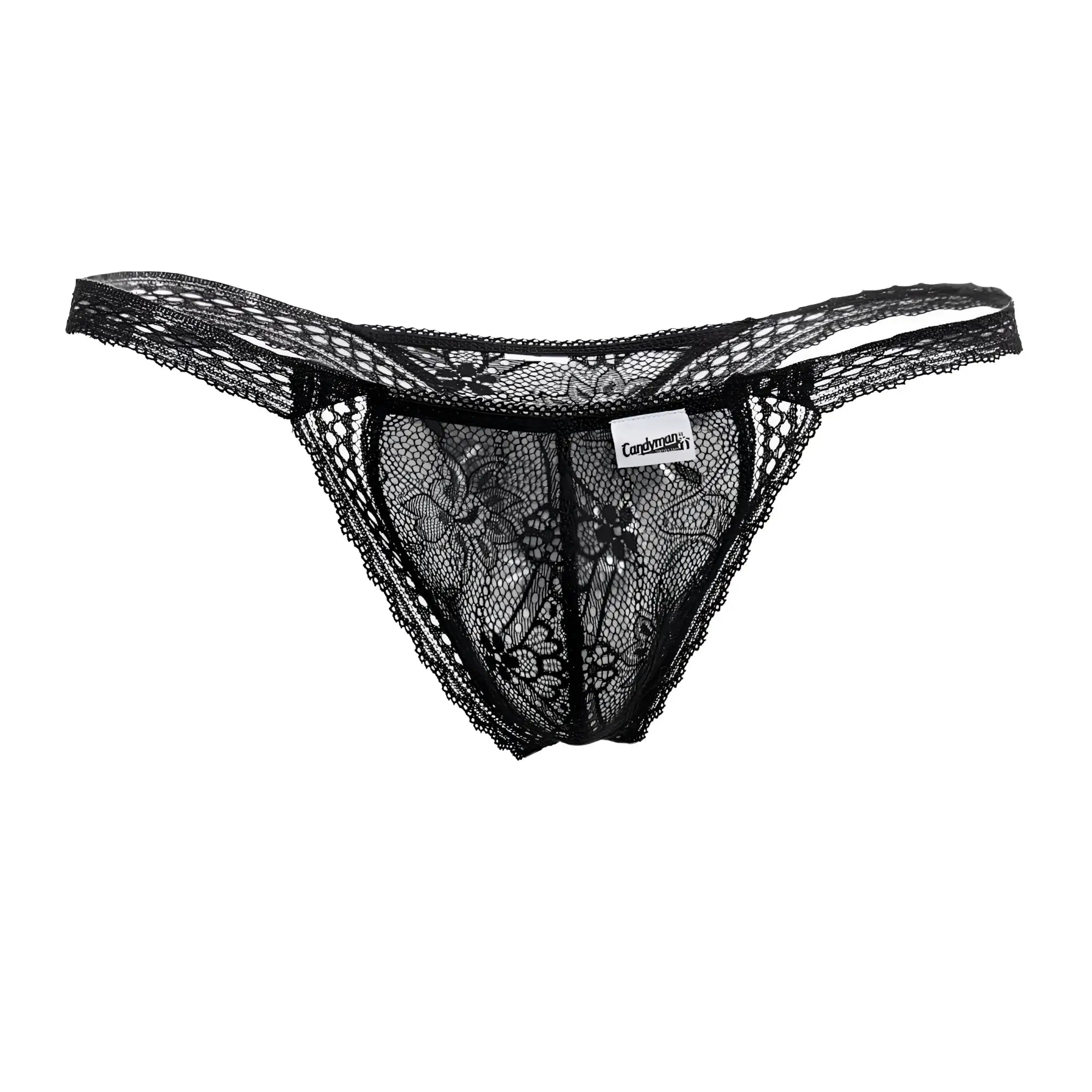 Black candyMan 99420 double lace thong featuring intricate floral patterns and a delicate sheer design