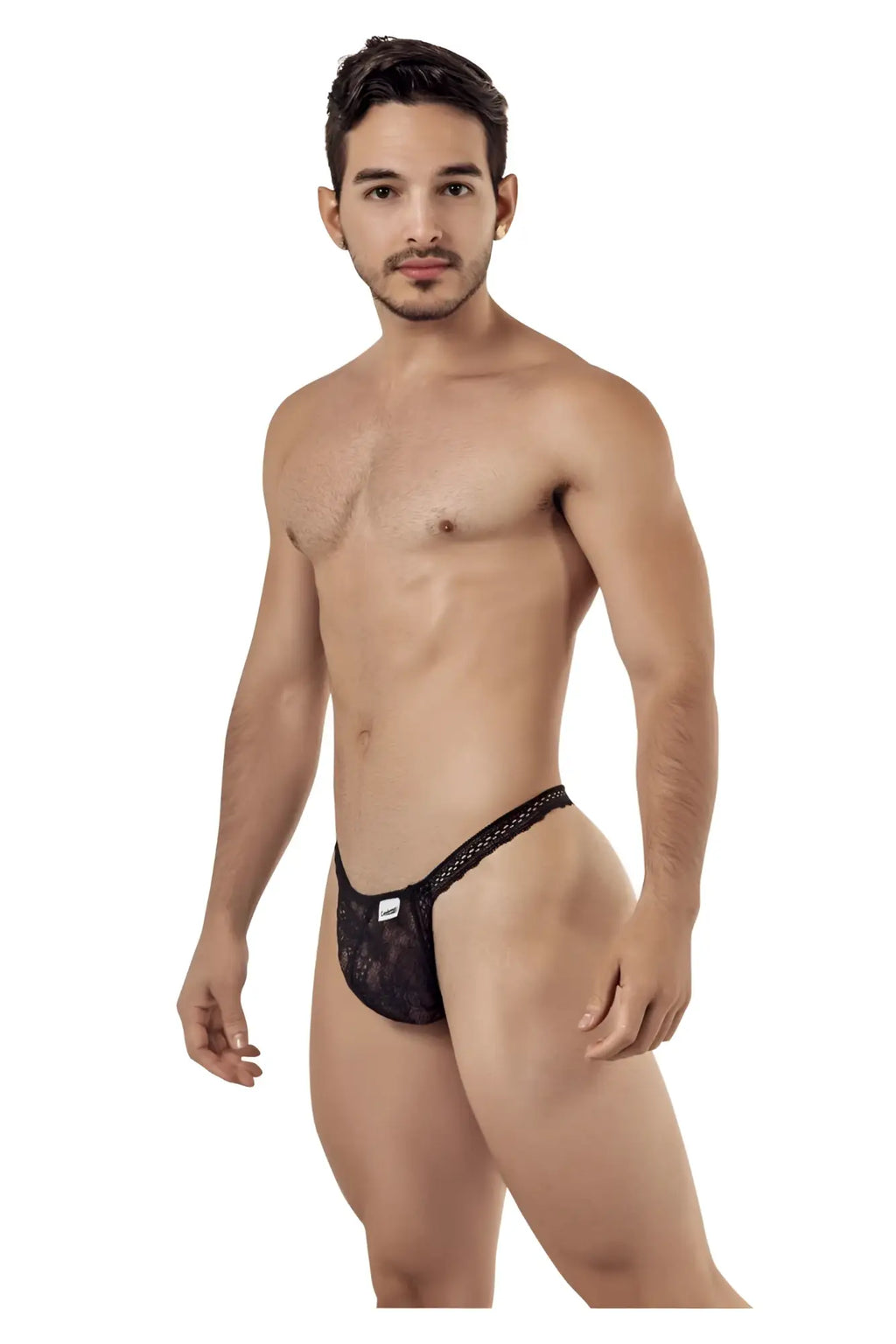 Black lace thong with subtle pattern and small white brand tag at front candyMan 99420 double lace thongs black