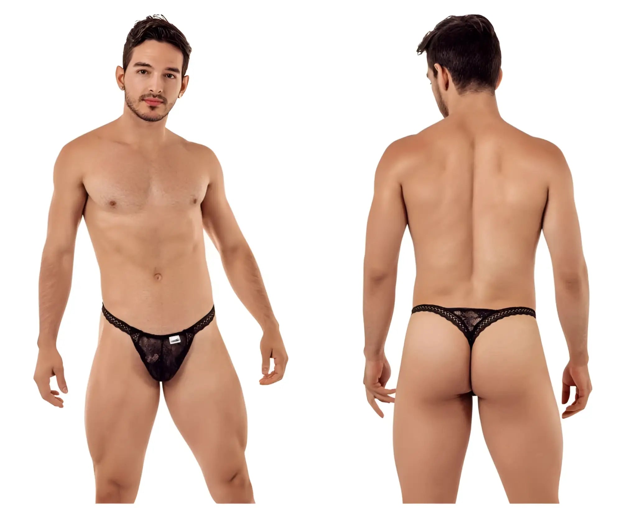 Black candyMan 99420 double lace thong with a small white brand tag on the front made of lace material