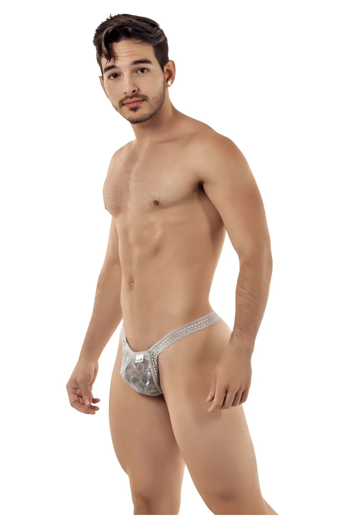 CandyMan 99420 gray silver sparkly lace trimmed briefs with subtle pattern and double lace thong design