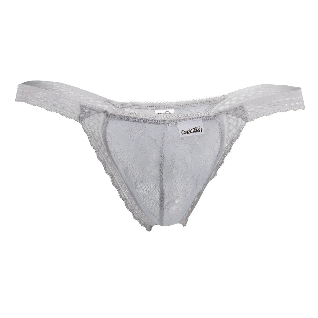 CandyMan 99420 double lace thong gray with silver floral patterns and soft sheer fabric for delicate comfort