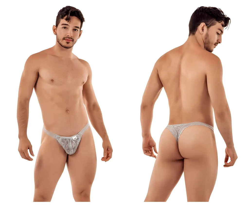Silver lace thong candyMan 99420 double lace thong in gray with intricate pattern and small metallic logo on front