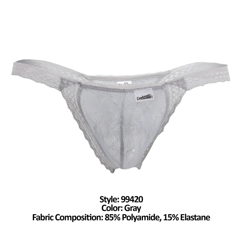 Gray lace thong candyMan 99420 featuring delicate floral patterns and sheer stretchy fabric for comfortable wear