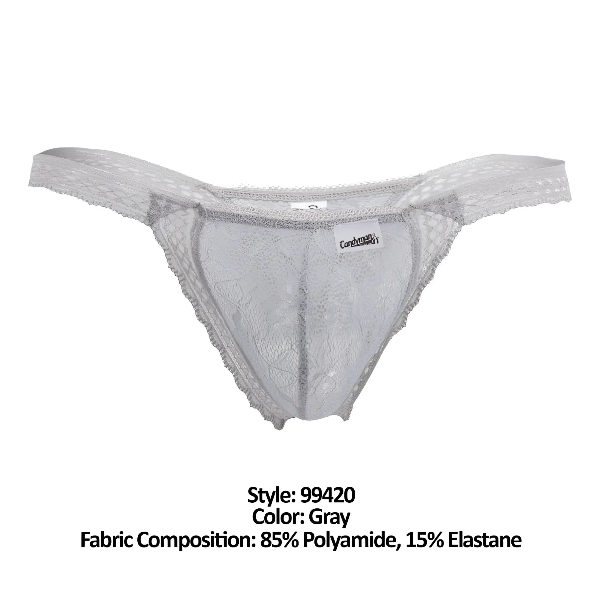 Gray lace thong candyMan 99420 featuring delicate floral patterns and sheer stretchy fabric for comfortable wear