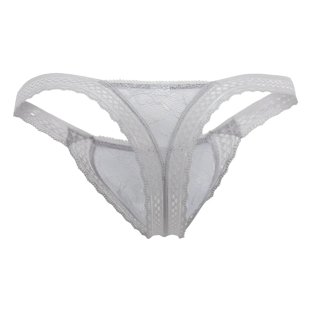 Gray candyman 99420 double lace thong with delicate white floral patterns and scalloped edges in front view