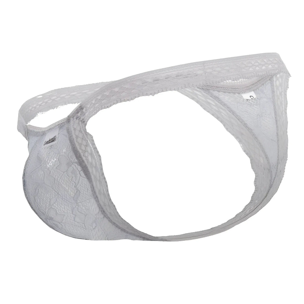 White lace thong candy man 99420 with delicate intricate pattern sheer fabric in gray color front view