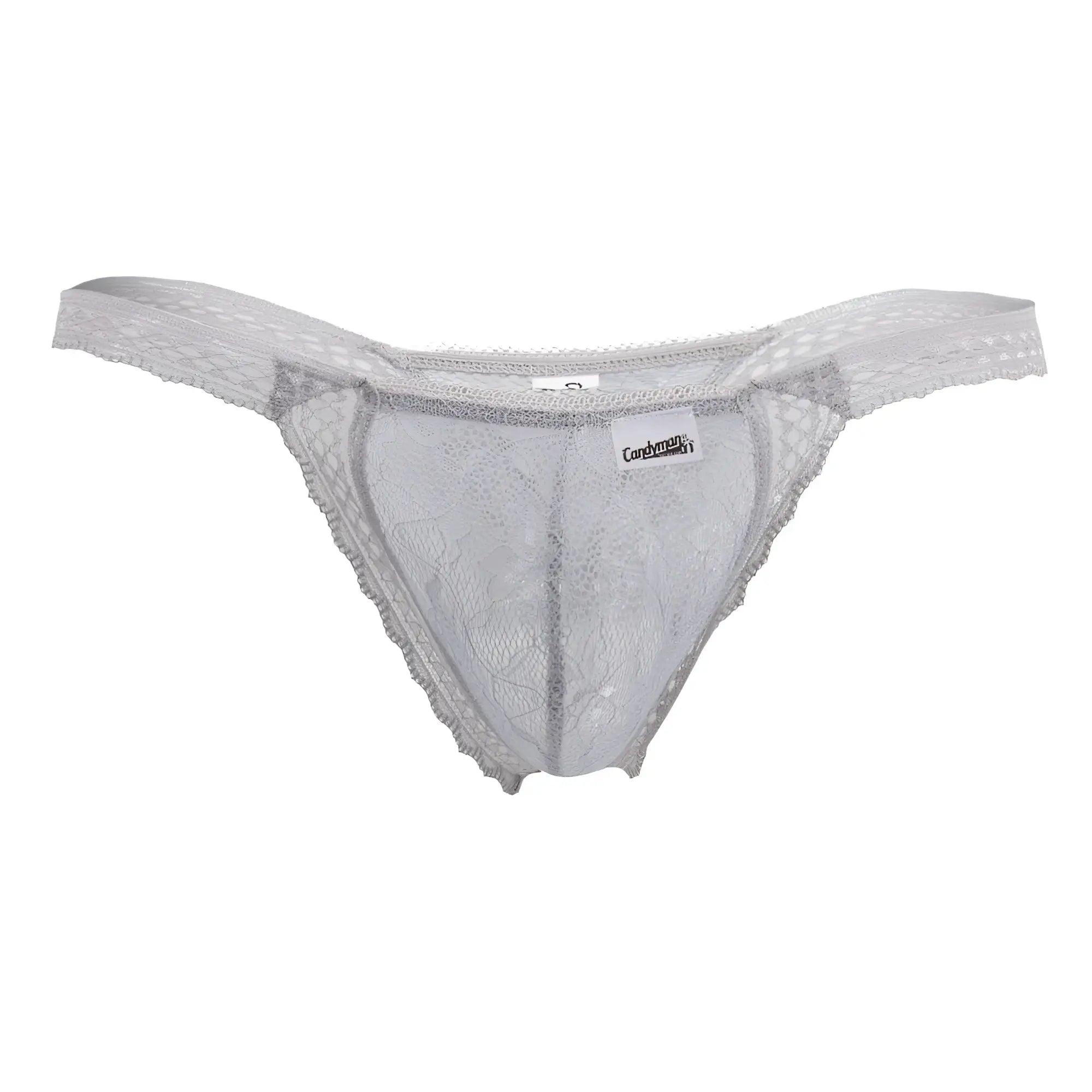 Silver lace thong candyMan 99420X in gray with delicate floral patterns and soft sheer fabric