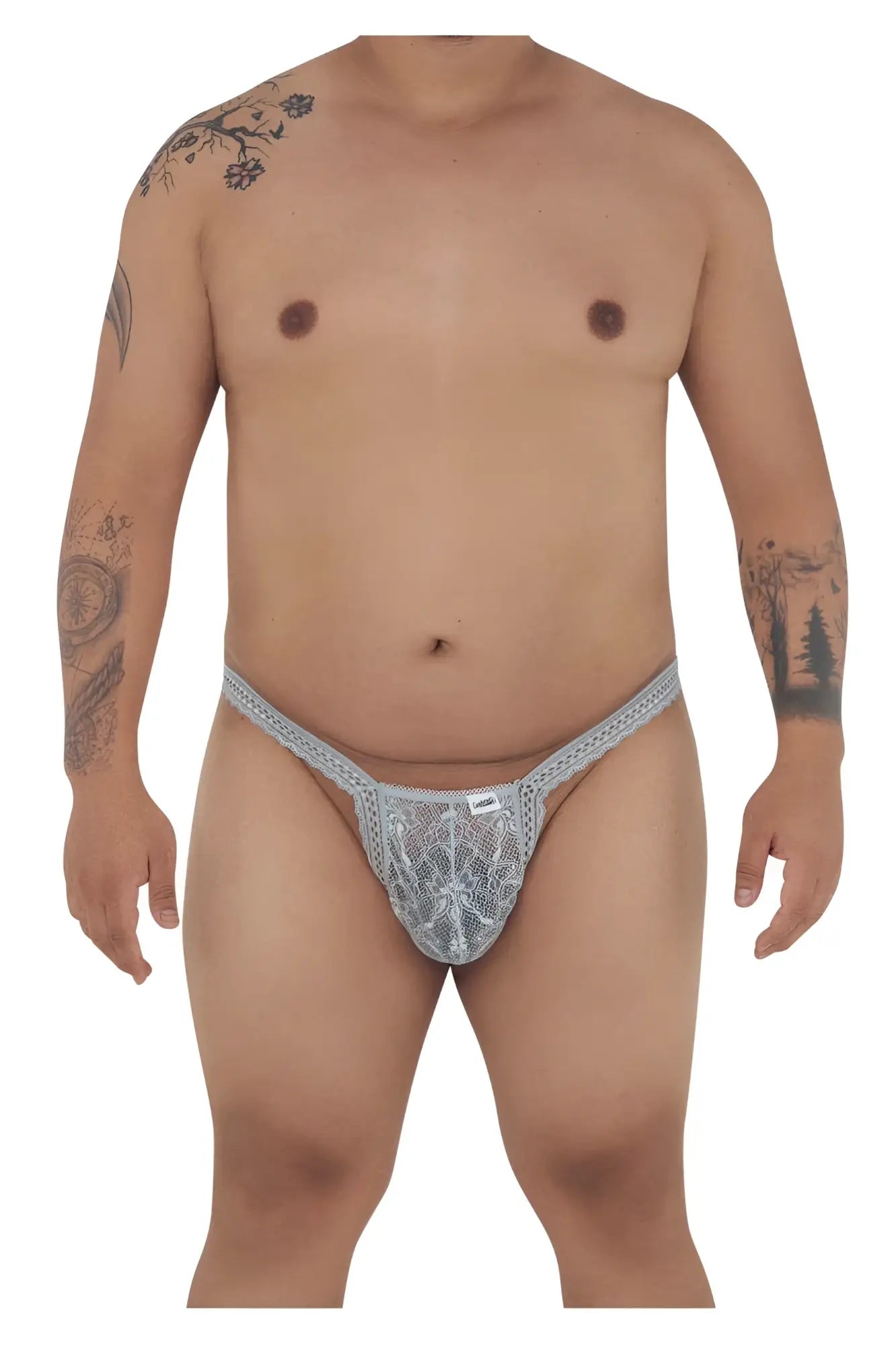 Silver lace thong candyMan 99420X in gray with intricate double lace pattern and adjustable waistband