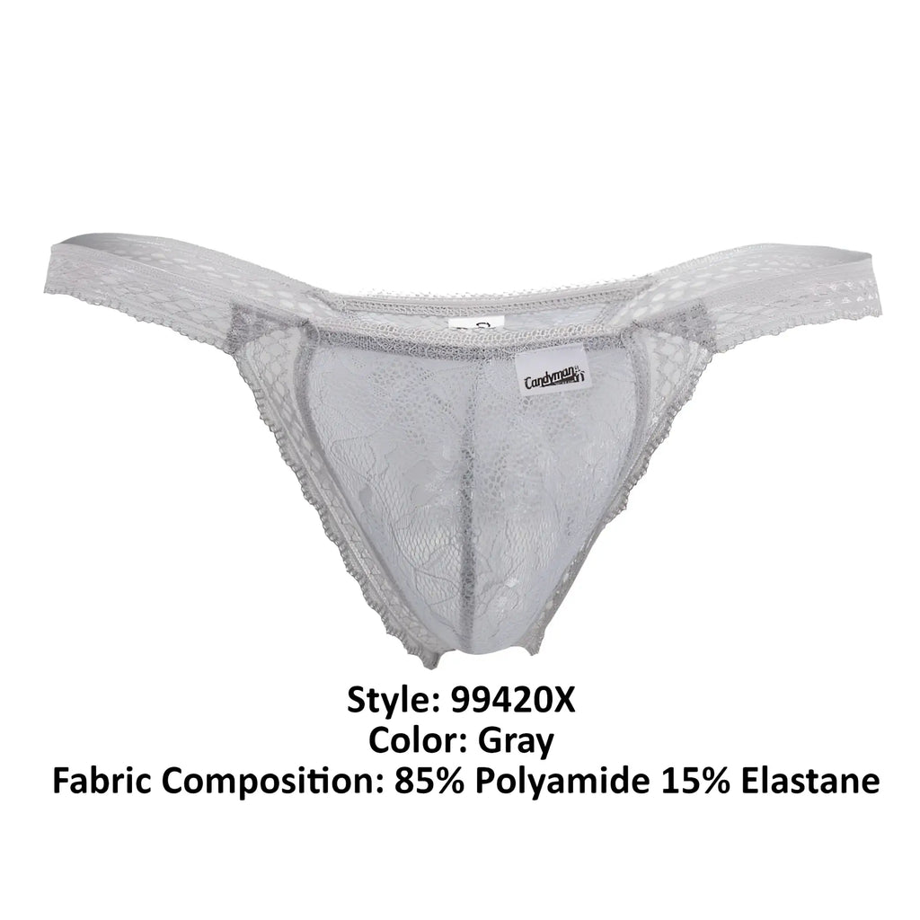 Gray lace thong from candyman 99420x featuring delicate intricate double lace pattern and thin straps