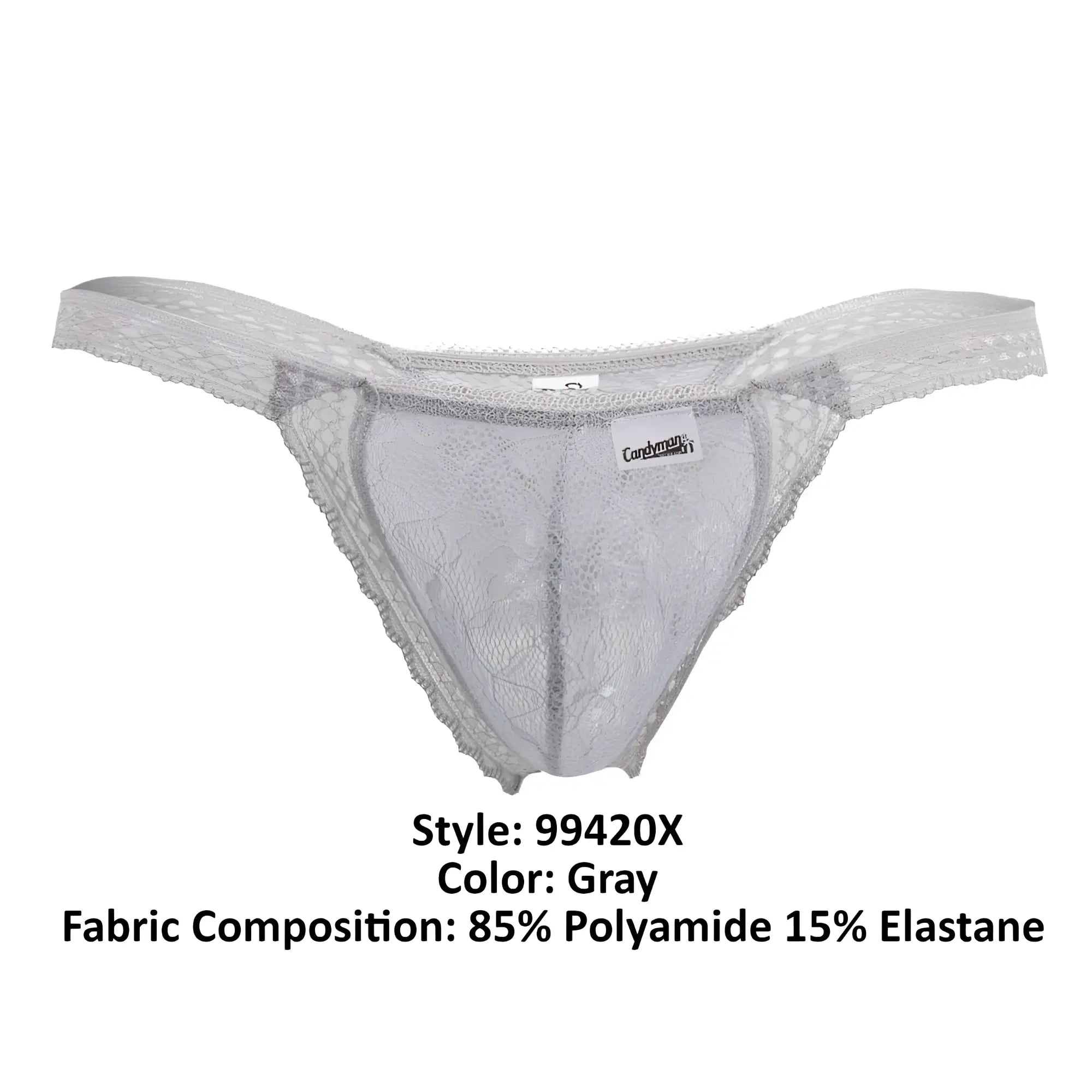 Gray lace thong from candyman 99420x featuring delicate intricate double lace pattern and thin straps