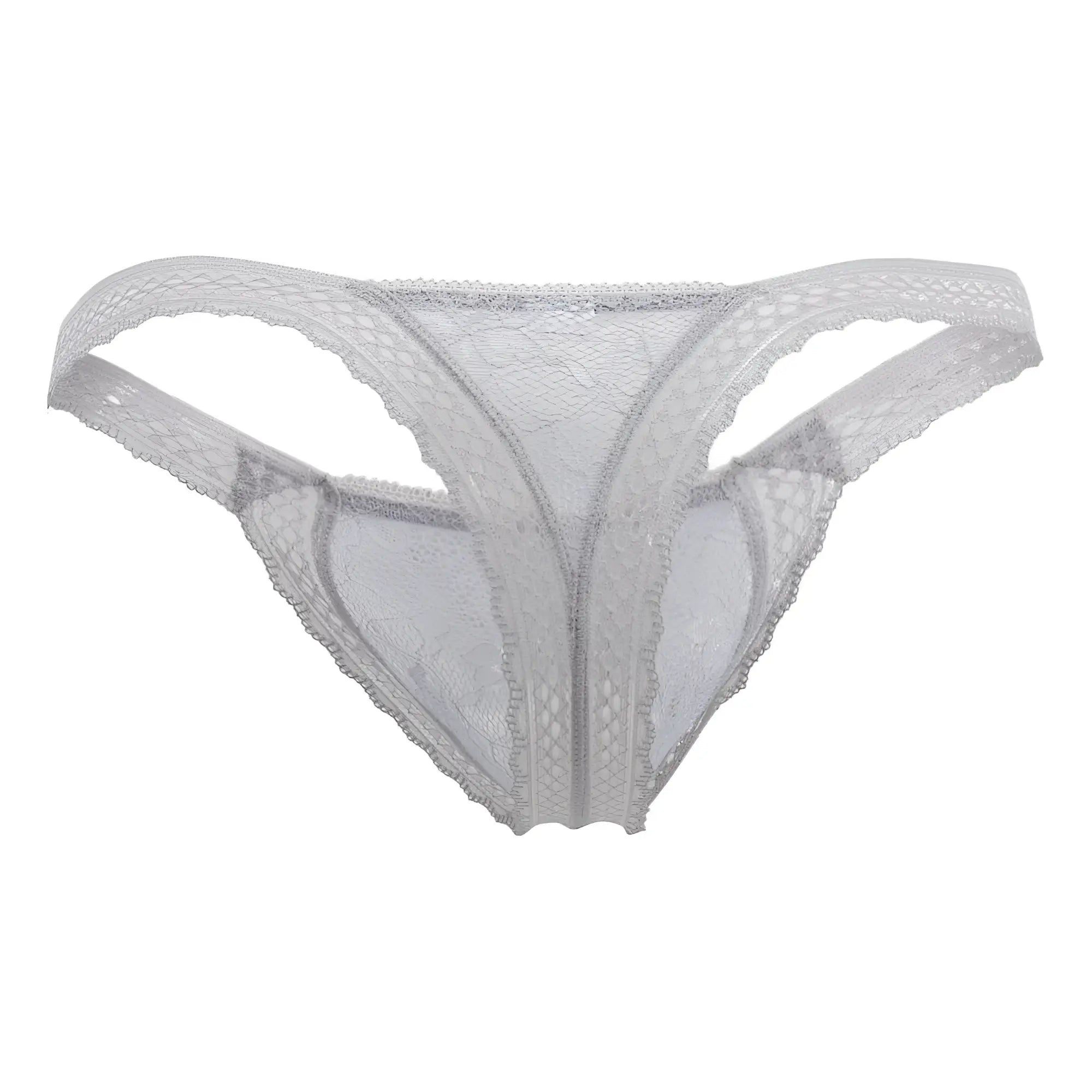 White lace thong gray candyMan 99420X with delicate floral patterns and scalloped edges front view