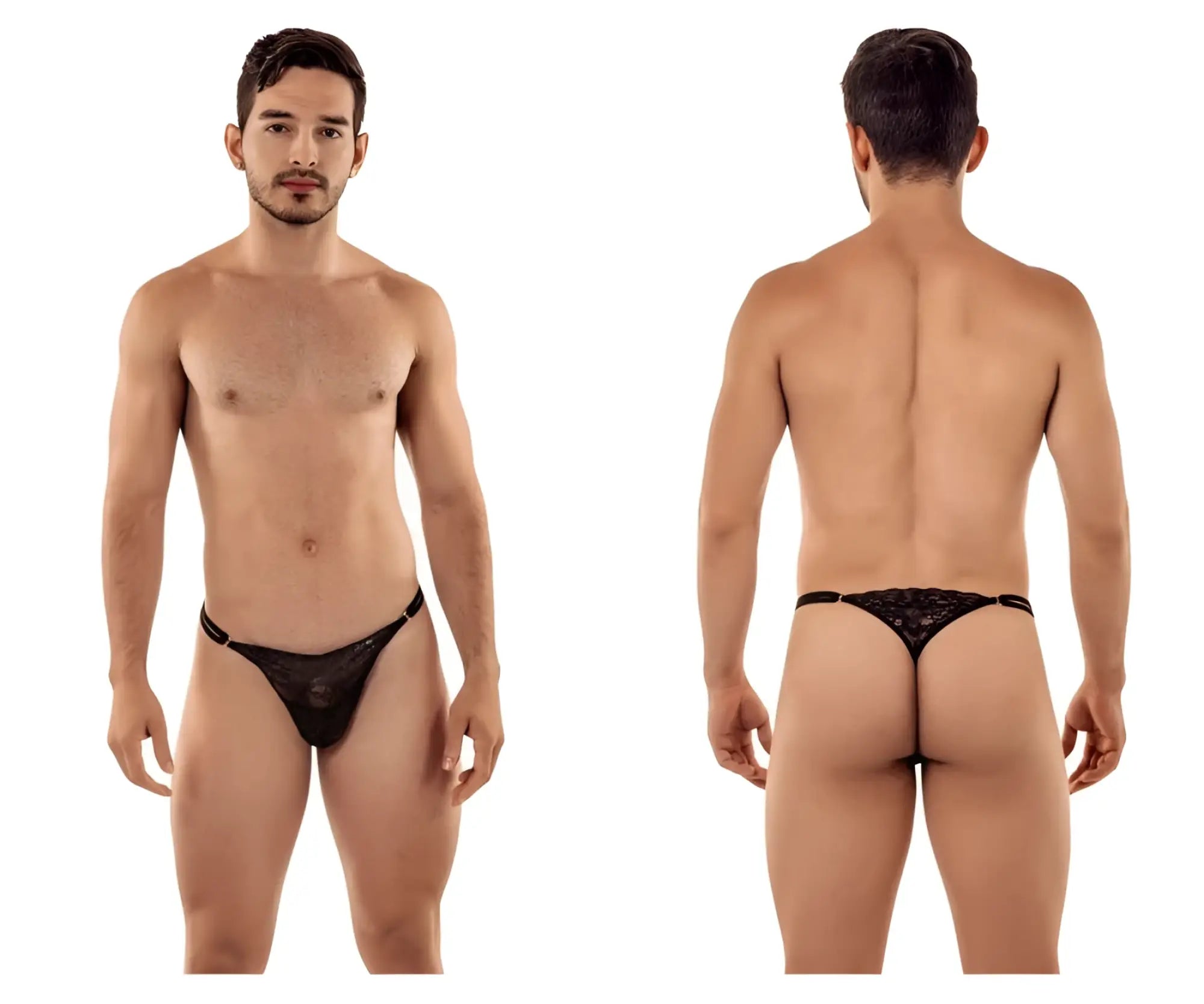 Black lace thong g-string with delicate intricate pattern and thin elastic waistband candyMan 99421 in black