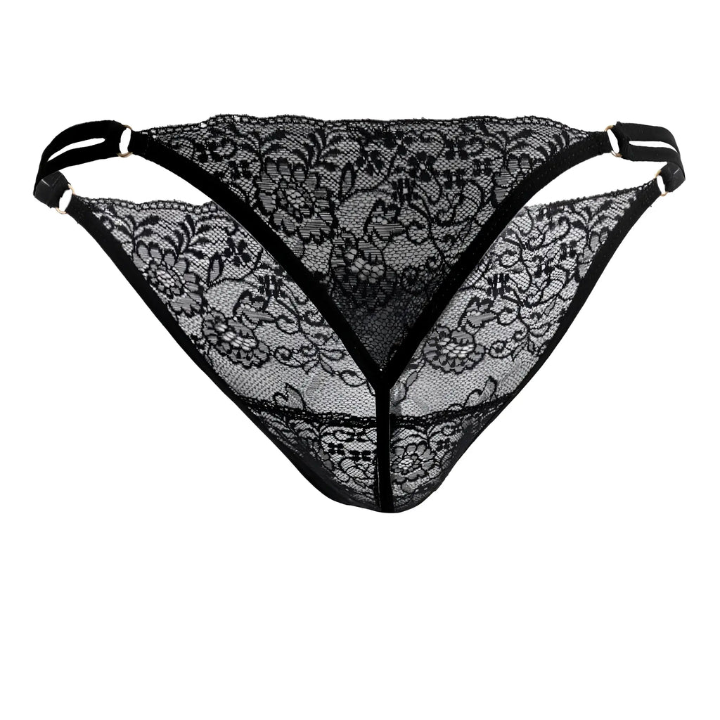Black lace CandyMan 99421 g-string thong with floral pattern and adjustable straps in black color front view