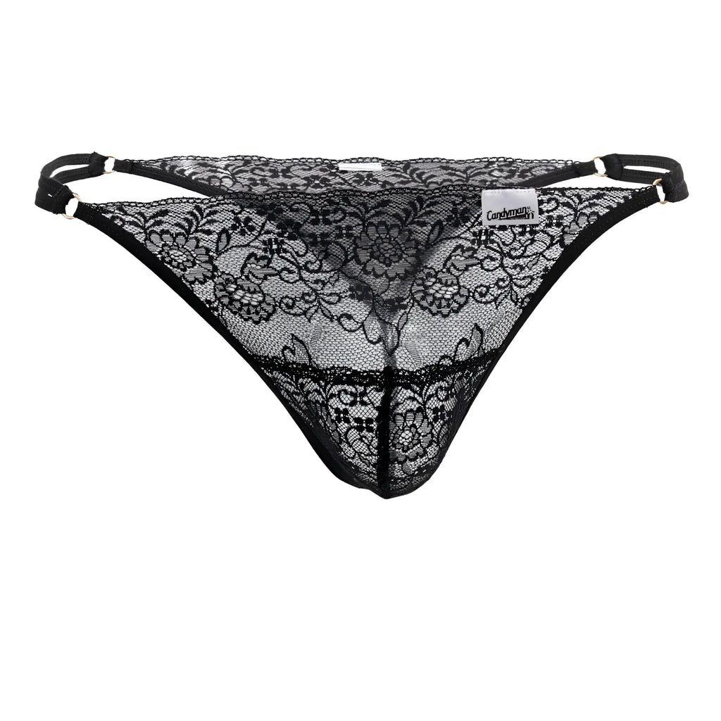CandyMan 99421 black lace g-string thong with intricate floral patterns and adjustable straps in front view