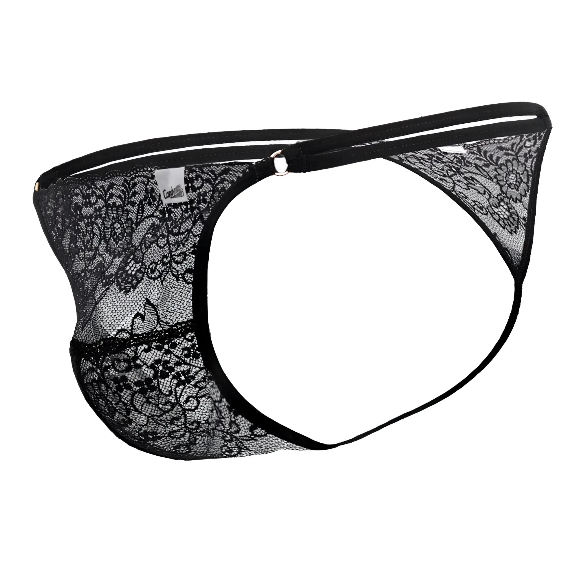 Black lace thong candyMan 99421 with intricate floral patterns and solid black elastic waistband front view