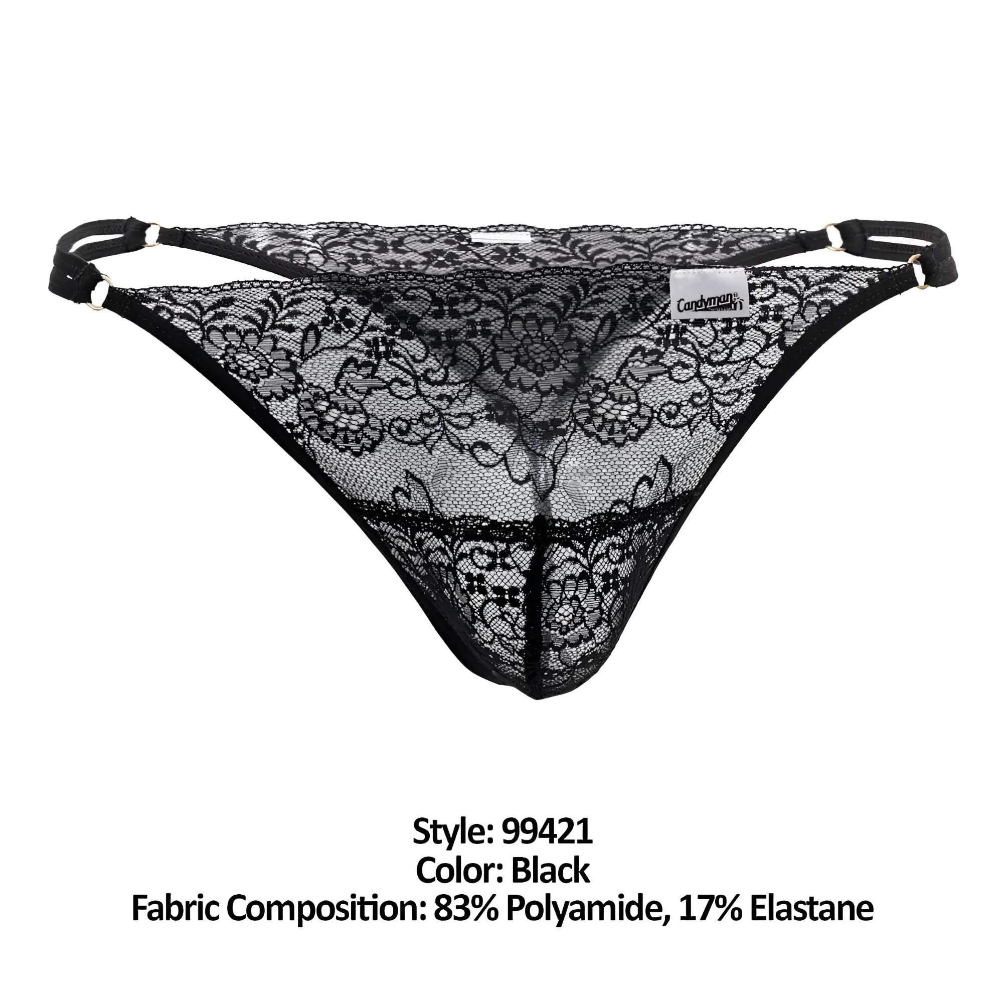 Black lace thong with intricate floral patterns and adjustable straps candyMan 99421 lace G-string in black