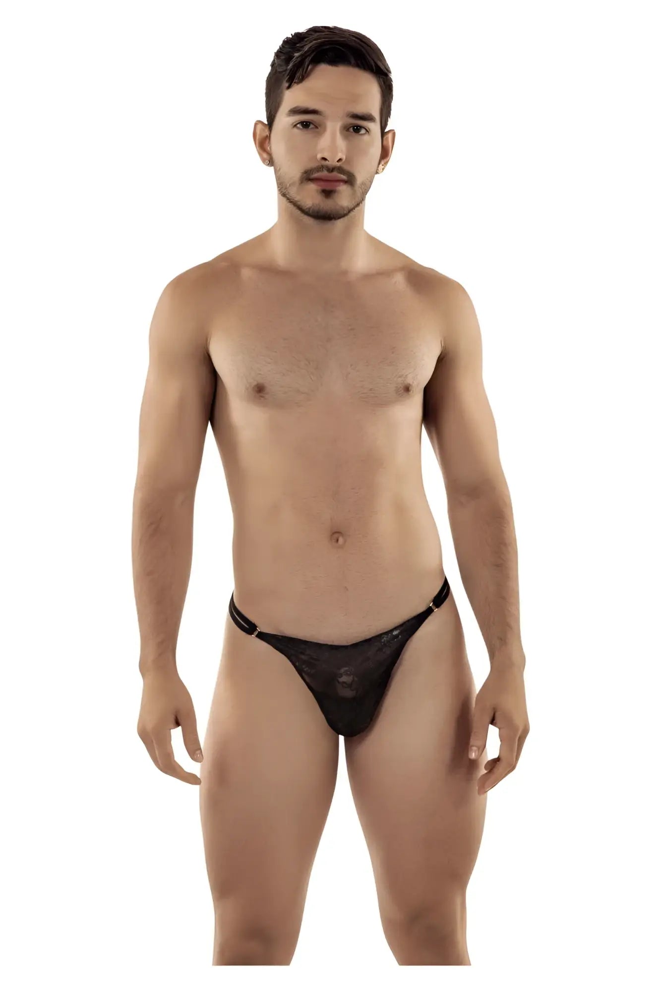 Black lace thong candyMan 99421 with subtle pattern and thin elastic waistband in black shown from the back side
