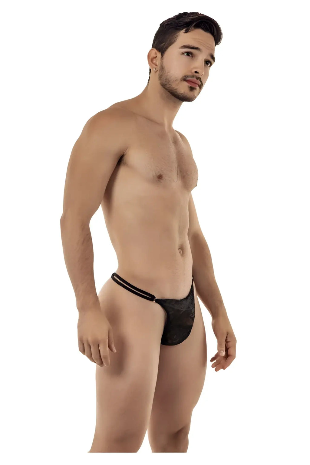 Black lace CandyMan 99421 g-string thong with thin white trim along waistband shown from the back side