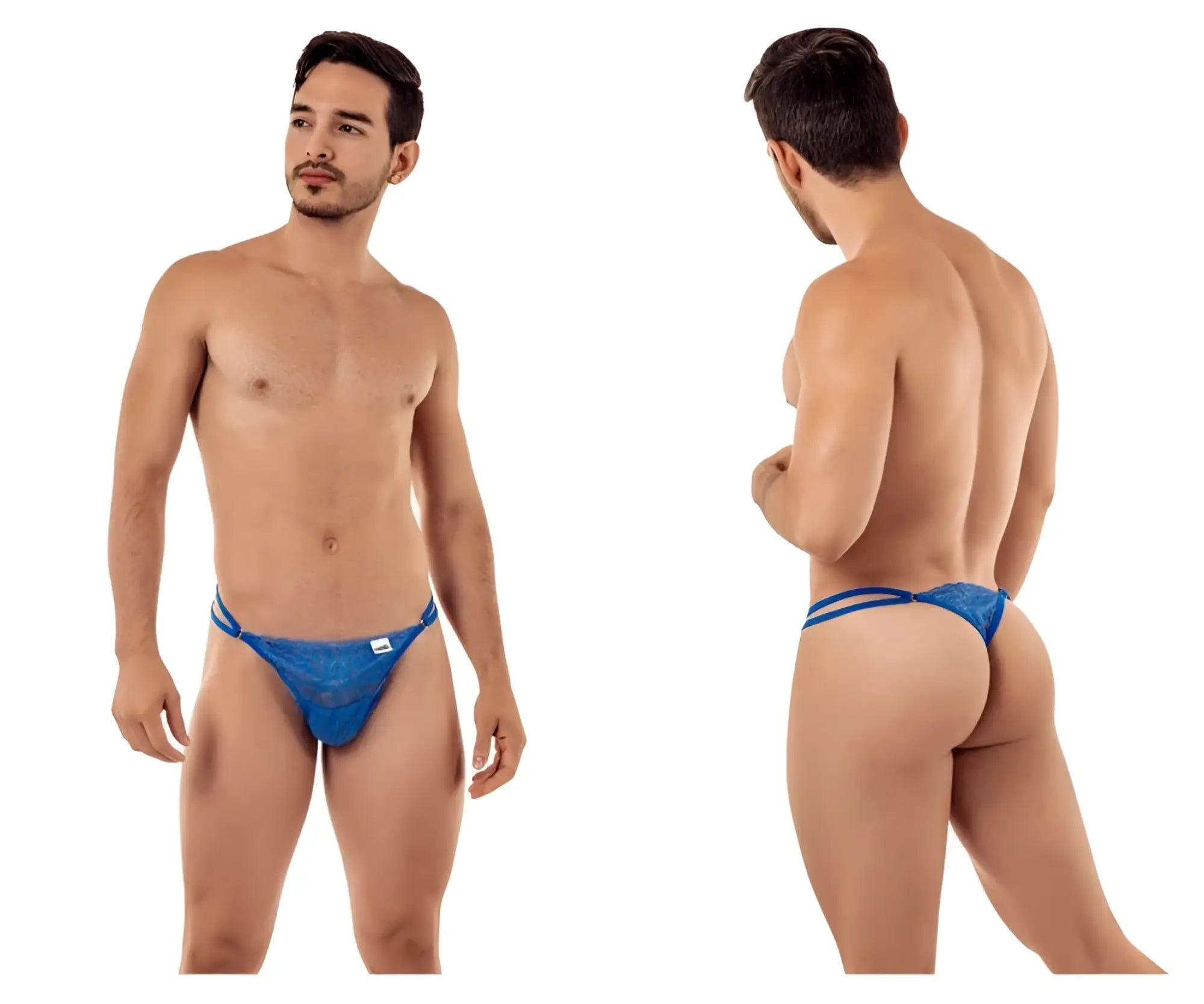 Blue candyMan 99421 lace g-string thong with dual side straps showing front view