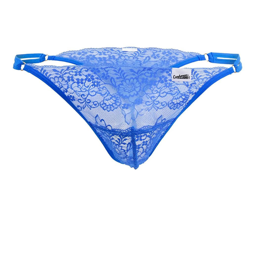 CandyMan 99421 lace g-string thong in blue with floral pattern and adjustable straps visible from the back side