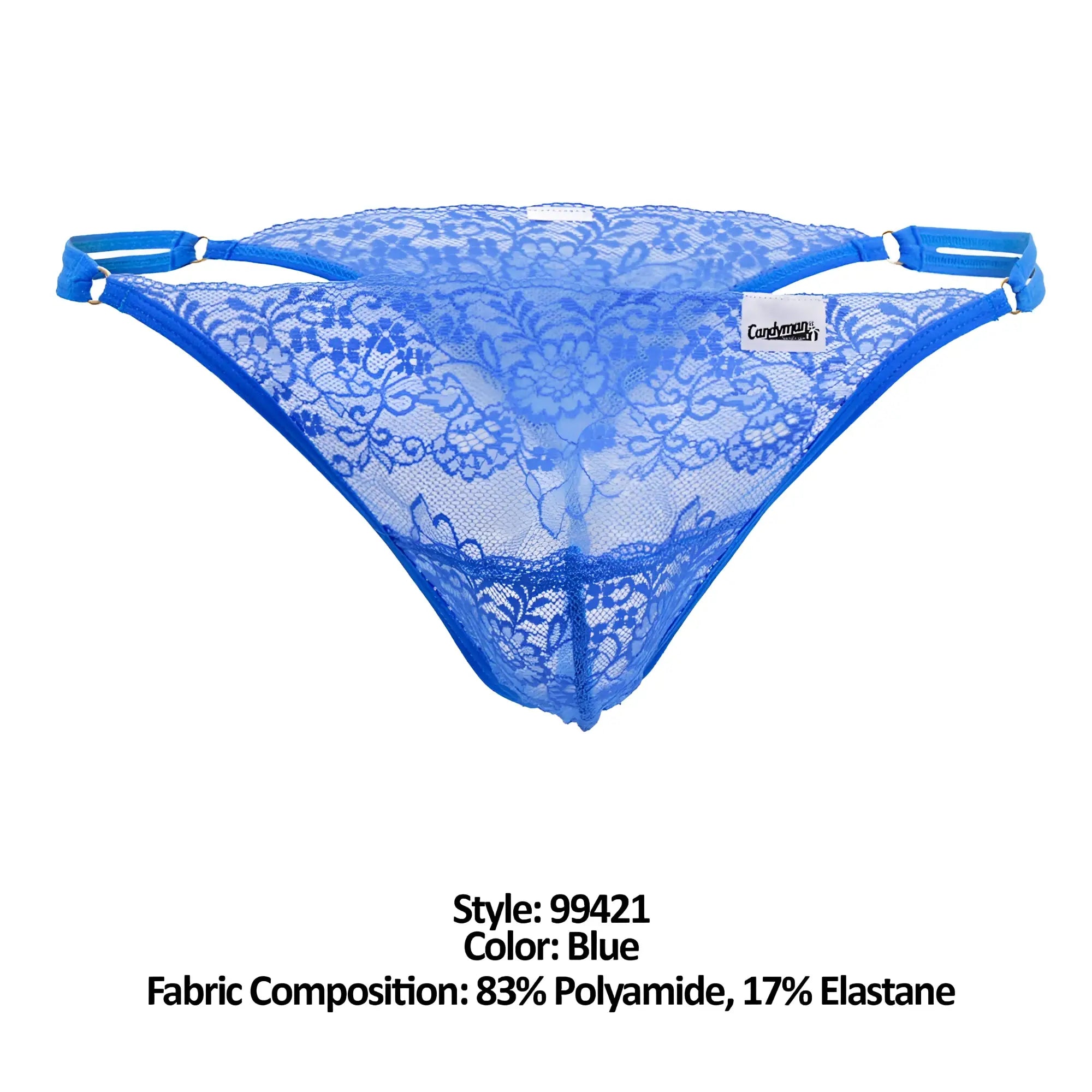 Blue lace thong g-string with floral pattern and elastic side straps from candyman 99421 in blue color