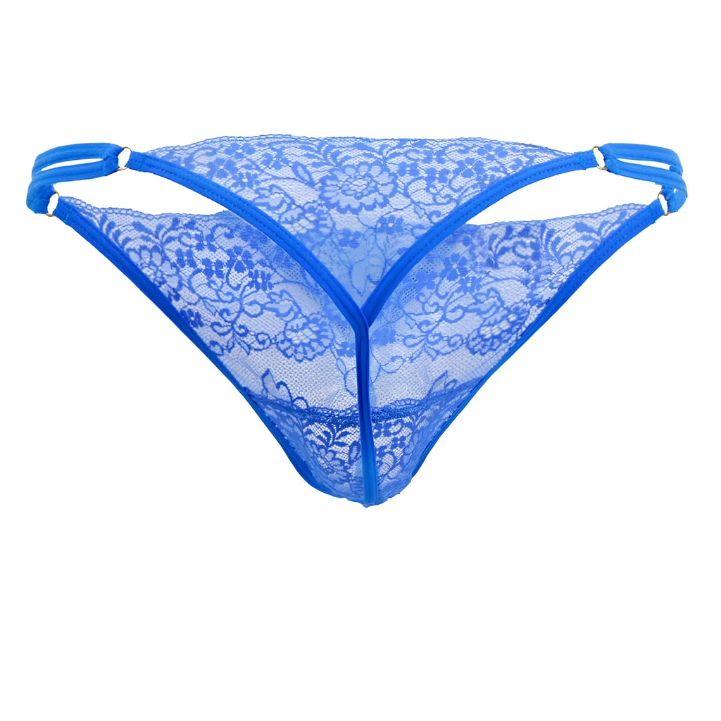 CandyMan 99421 lace g-string thong in blue featuring floral patterns and elastic straps on the back side
