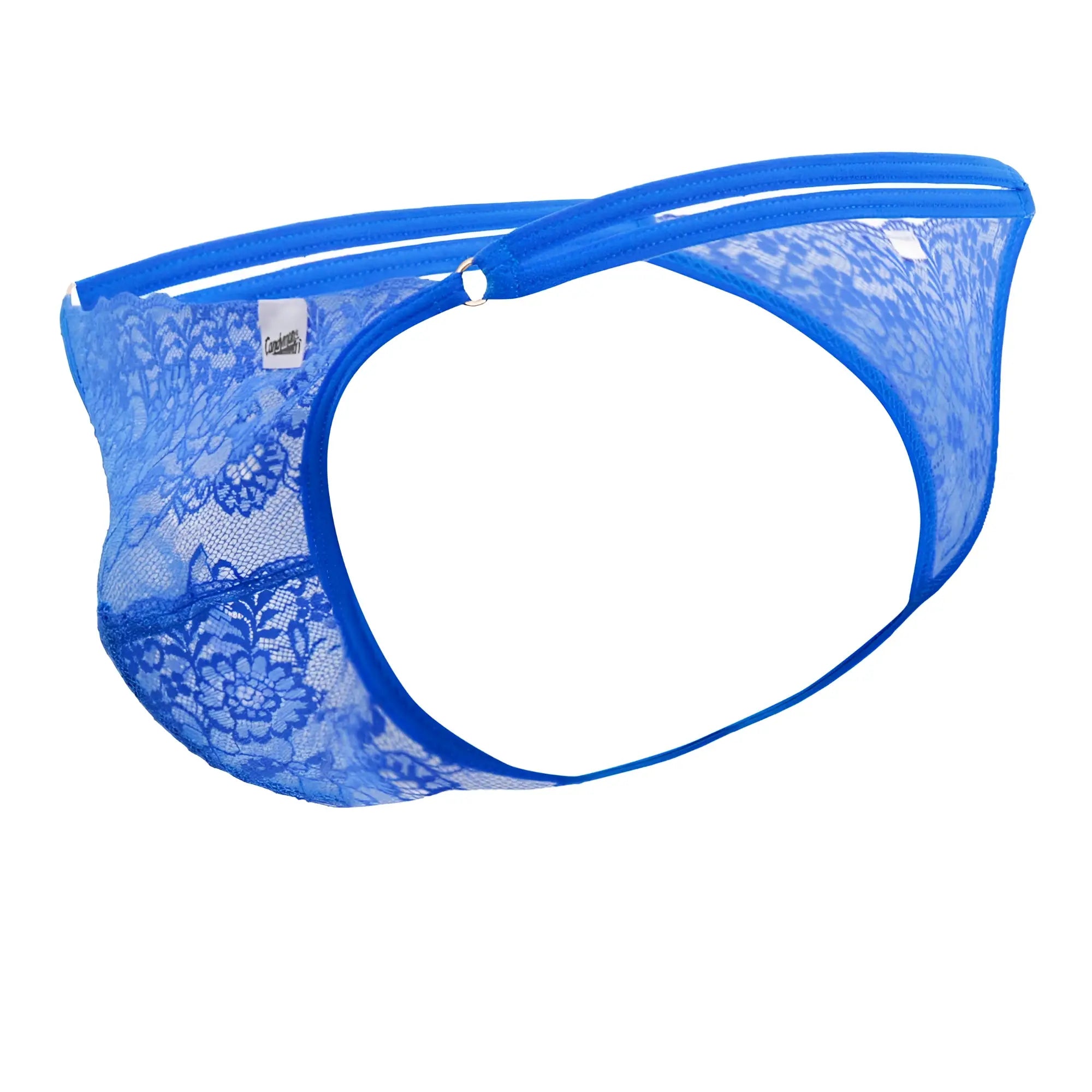 Blue lace g-string thong by Candyman with a floral pattern and solid blue elastic waistband front view