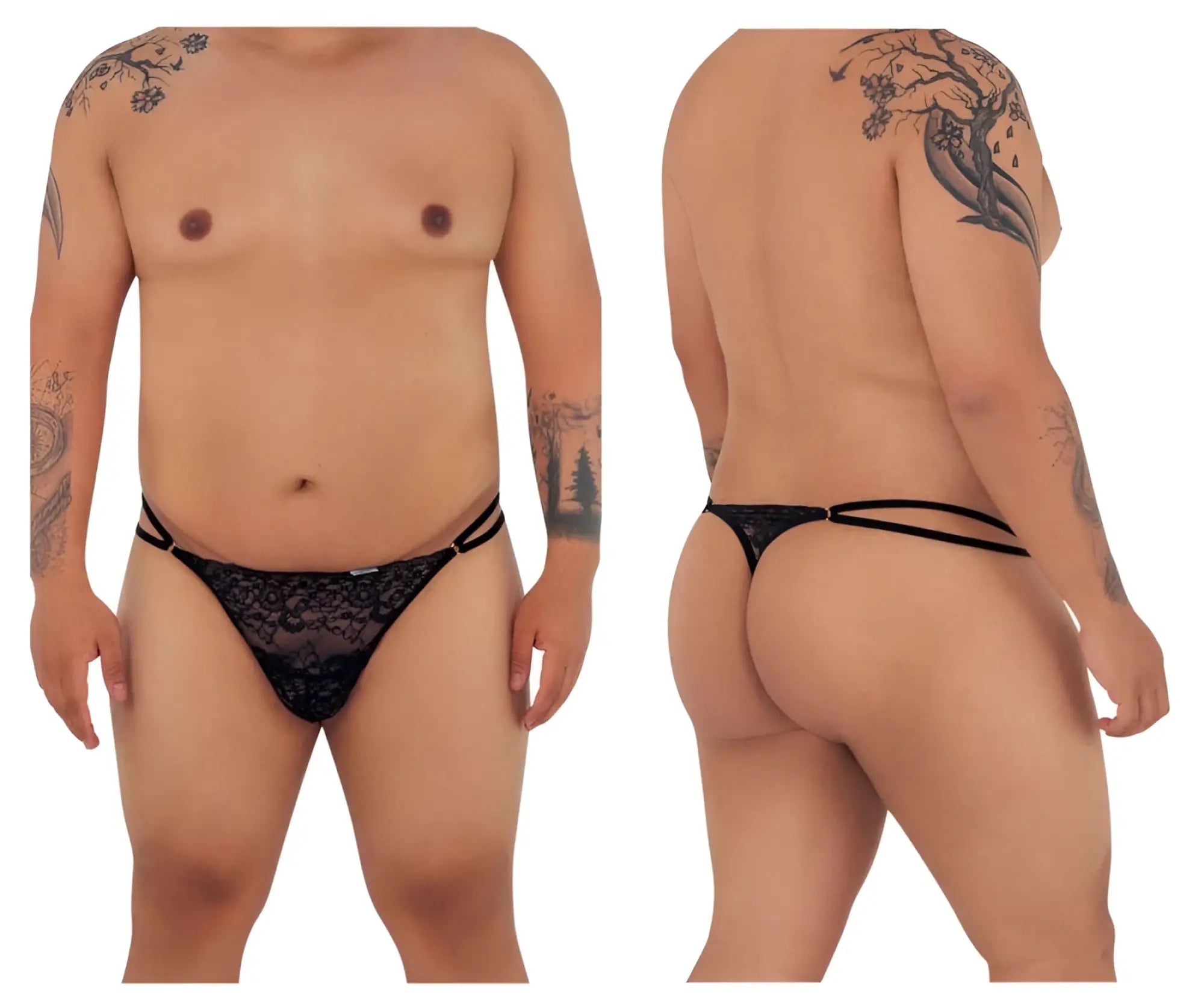 Black lace thong with double-strap design in candy man 99421x lace g-string thong color black shown from the back