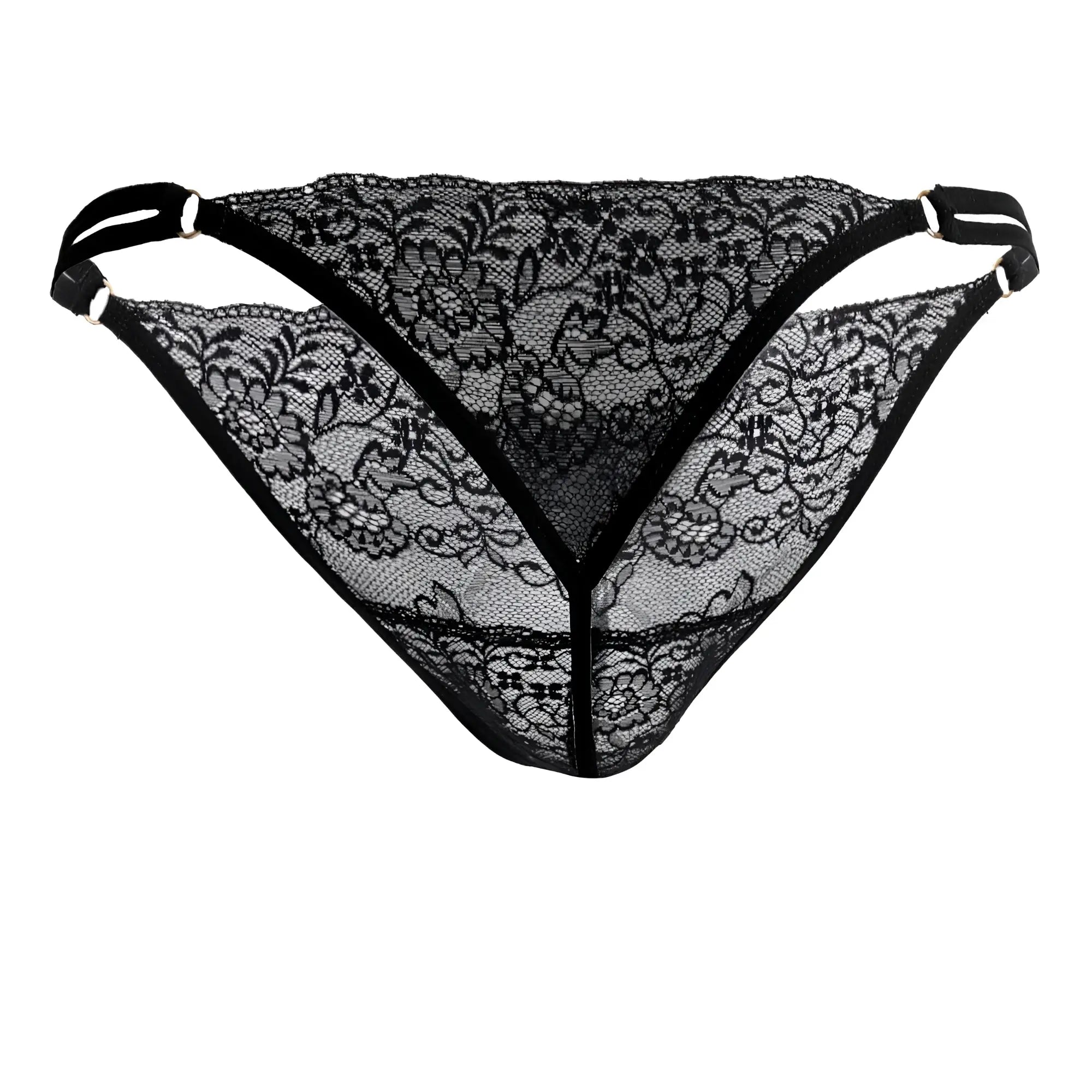 Black lace thong CandyMan 99421X with floral pattern and adjustable straps in black shown from the back side