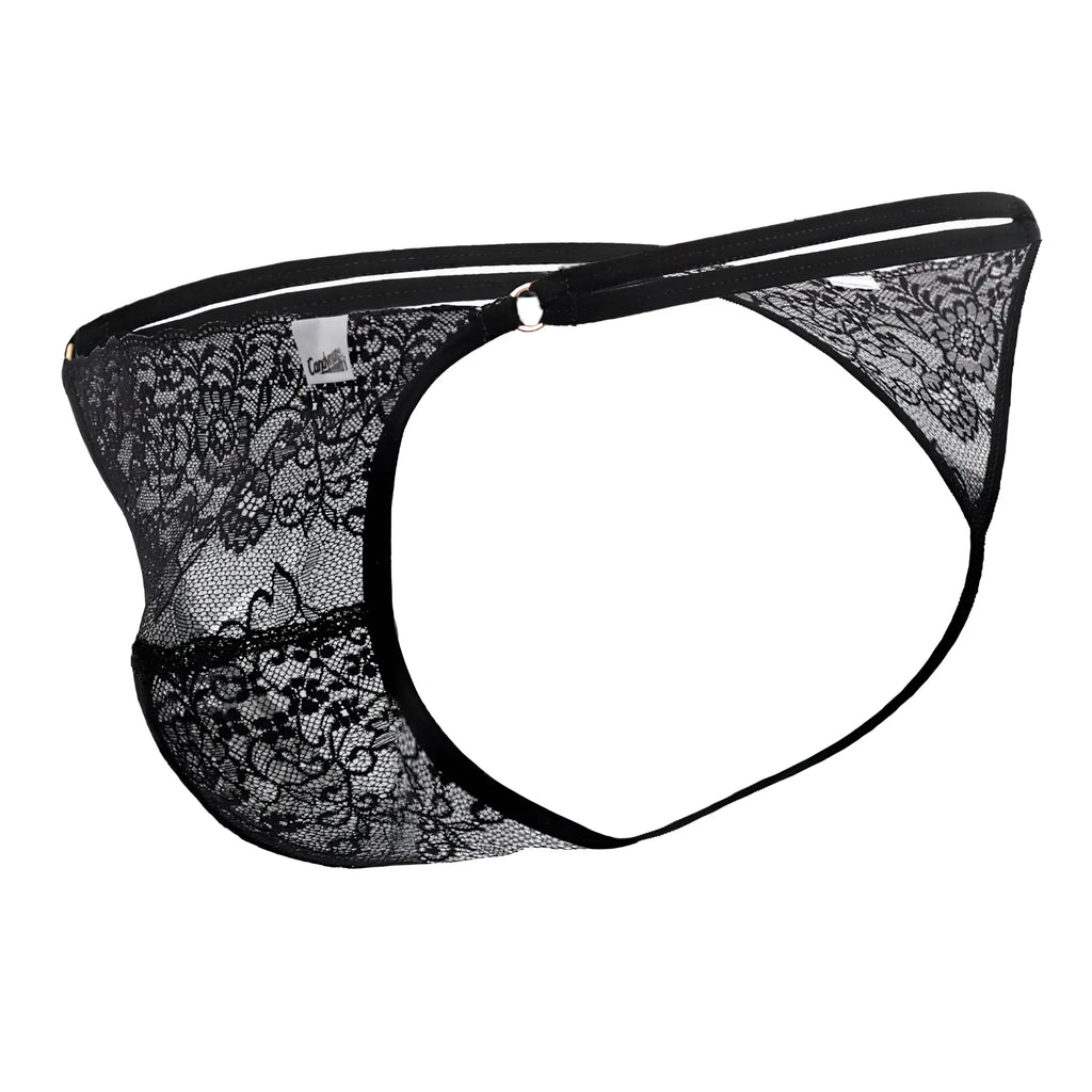 Black lace thong with intricate floral patterns and solid black elastic waistband candyMan 99421X lace G-string