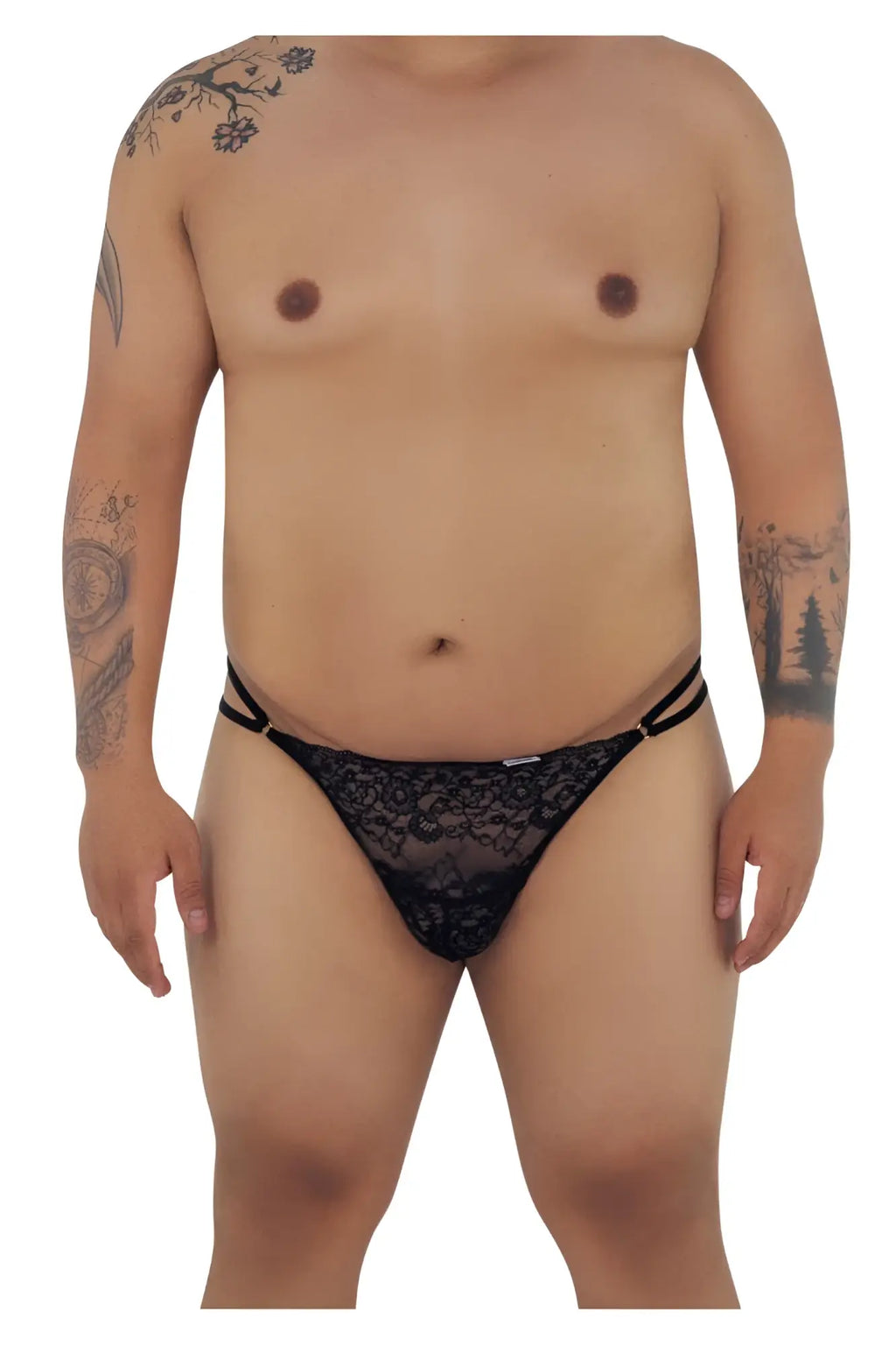 Black lace thong CandyMan 99421X with intricate floral patterns and thin side straps in black color