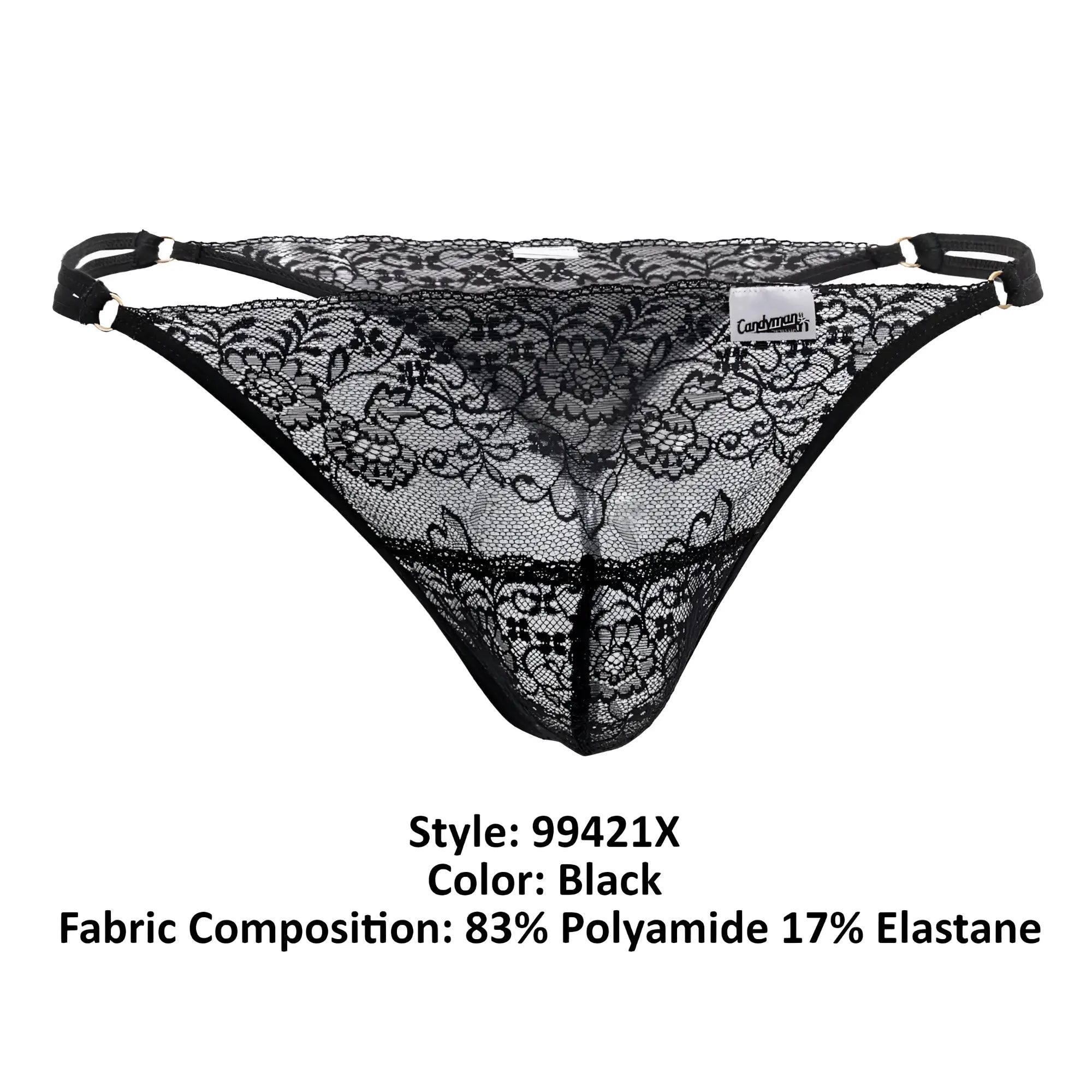 Black lace thong candyMan 99421X with intricate floral patterns and adjustable side straps in black