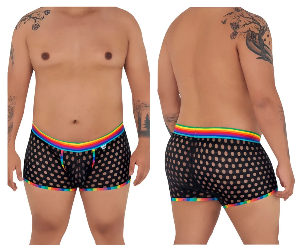 CandyMan 99511X polka mesh trunks in black with rainbow trim featuring a breathable polka dot mesh fabric
