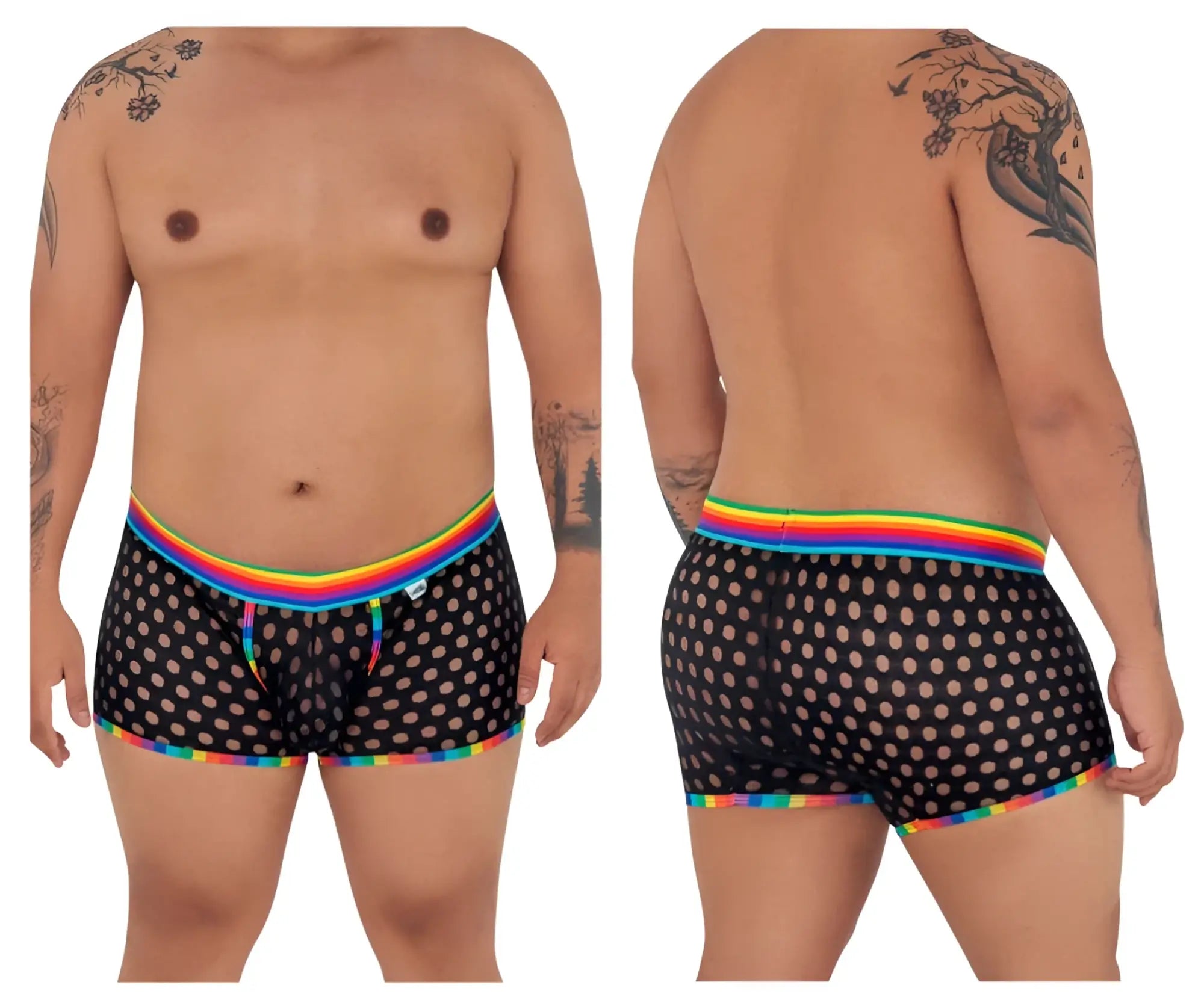 CandyMan 99511X polka mesh trunks in black with rainbow trim featuring a breathable polka dot mesh fabric