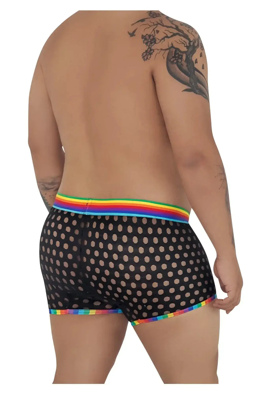 Candyman 99511X black mesh boxer briefs with polka dot pattern and rainbow elastic waistband and trim