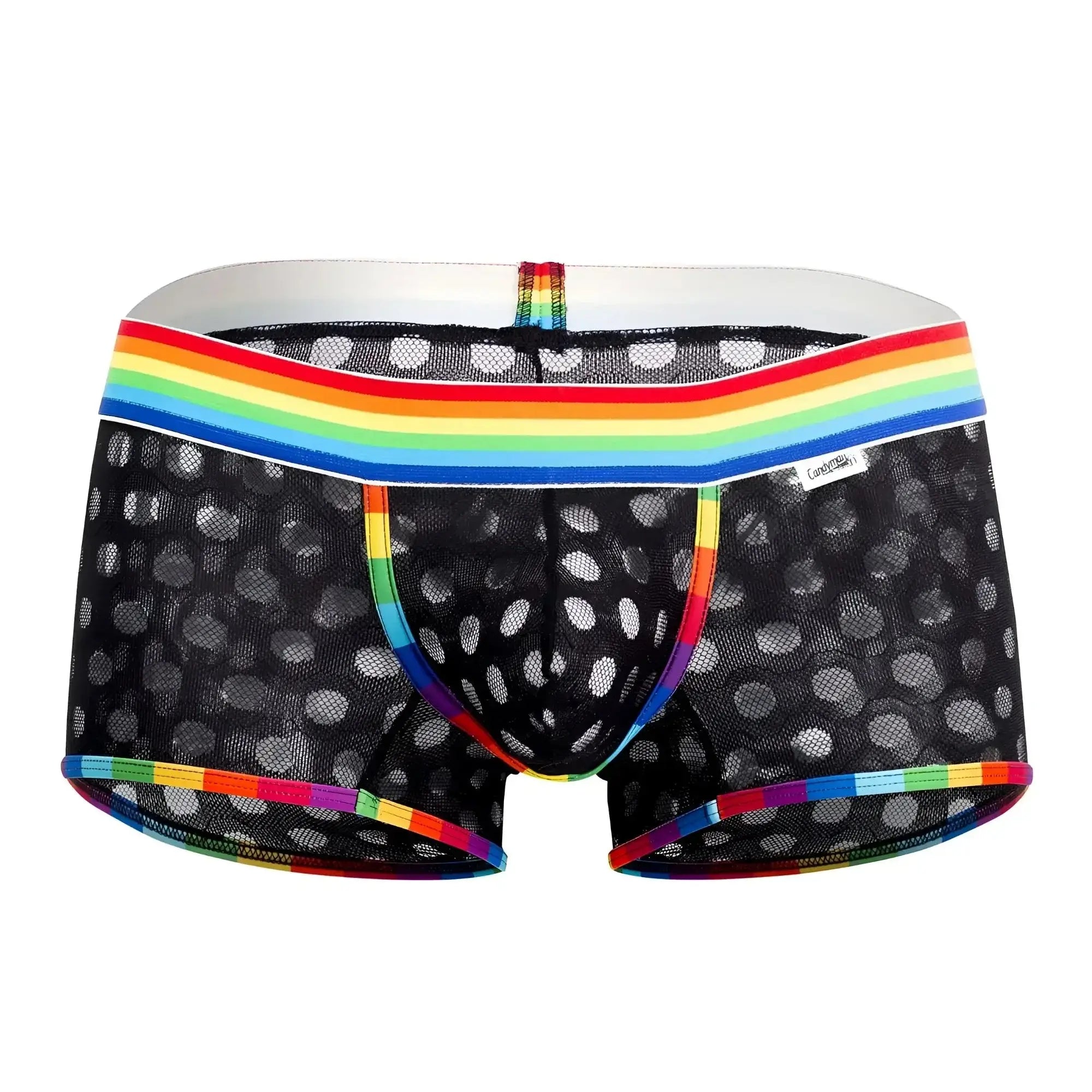 Black mesh briefs candyman 99511x with rainbow striped waistband and trim and white polka dots on fabric