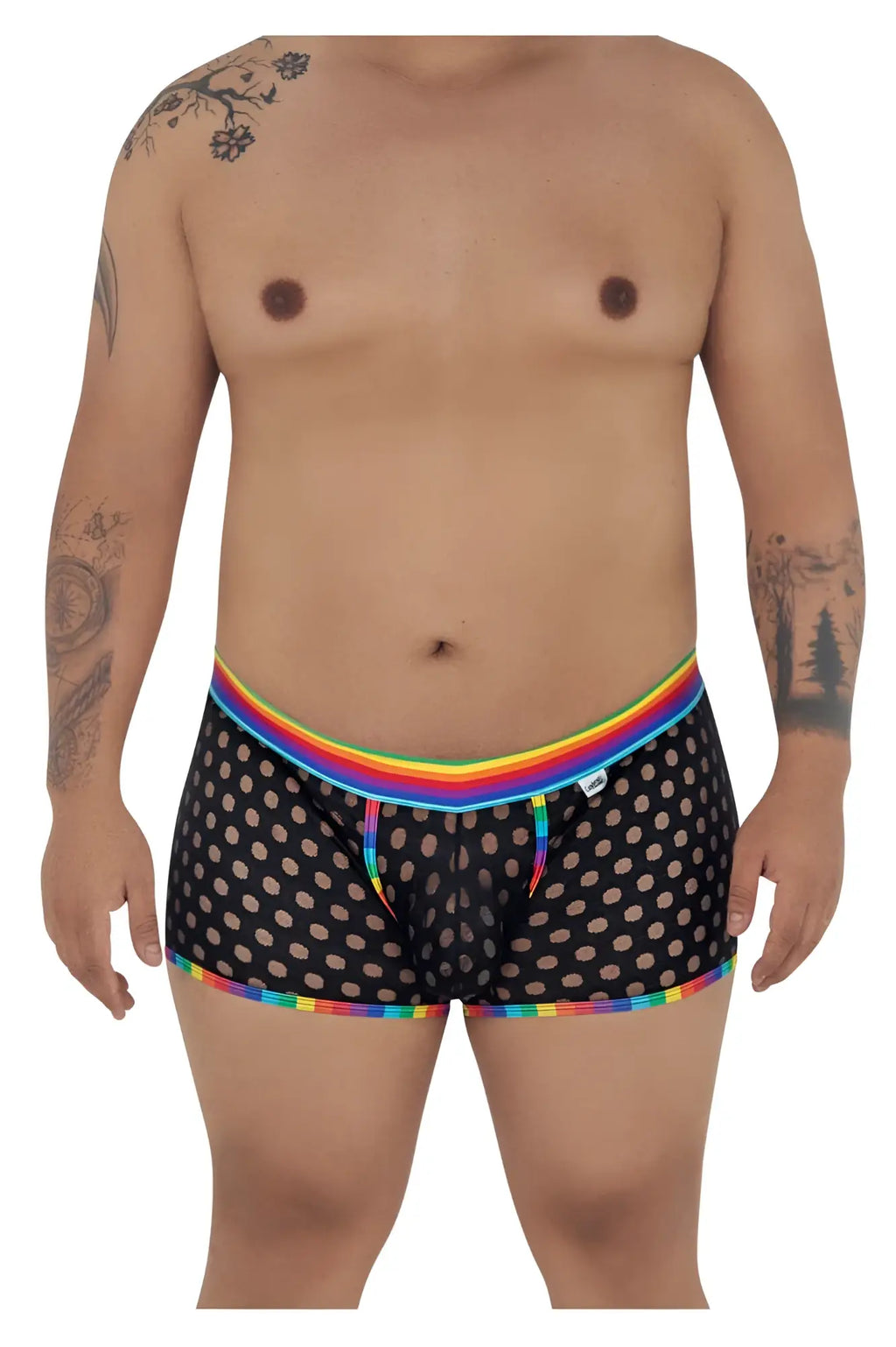 Candyman 99511x polka mesh trunks in black feature a rainbow-striped waistband and trim with subtle polka dot pattern